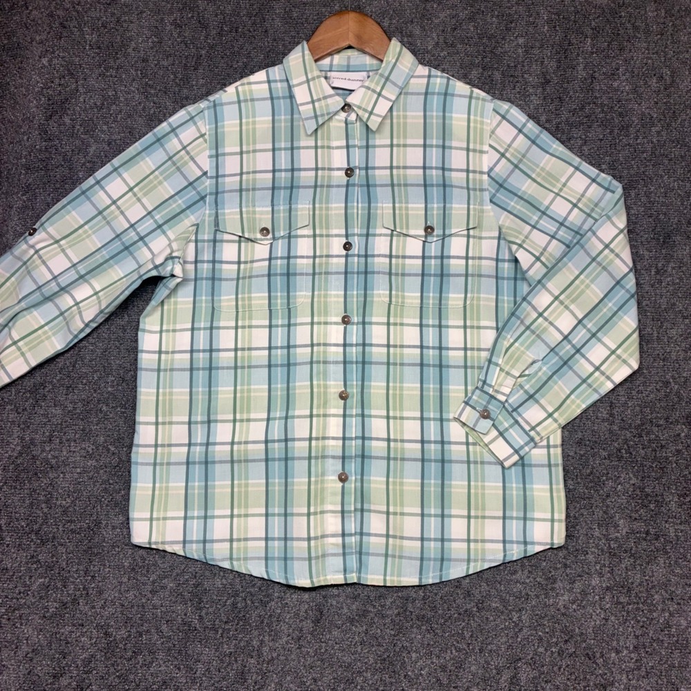 Alfred Dunner Plaid Button Down Shirt Womens 12 Green Blue Roll Tab Sleeve